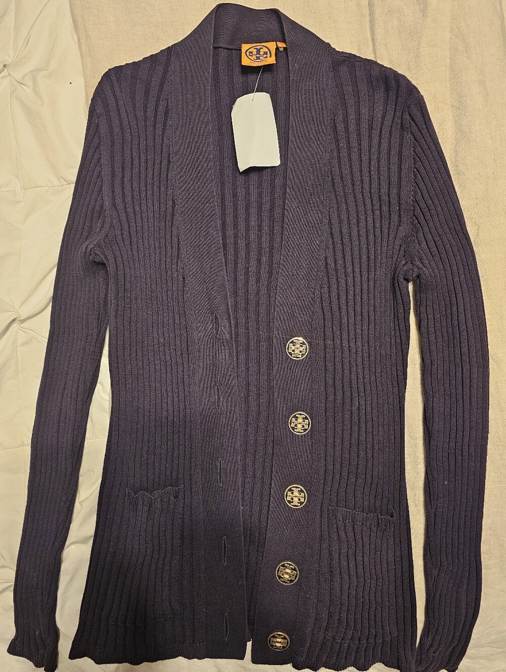 Tory Burch Ribbed Simone Cardigan Navy